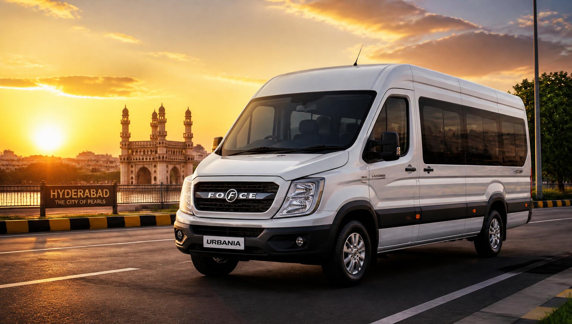 Luxury Force Urbania rental van in Hyderabad at sunset